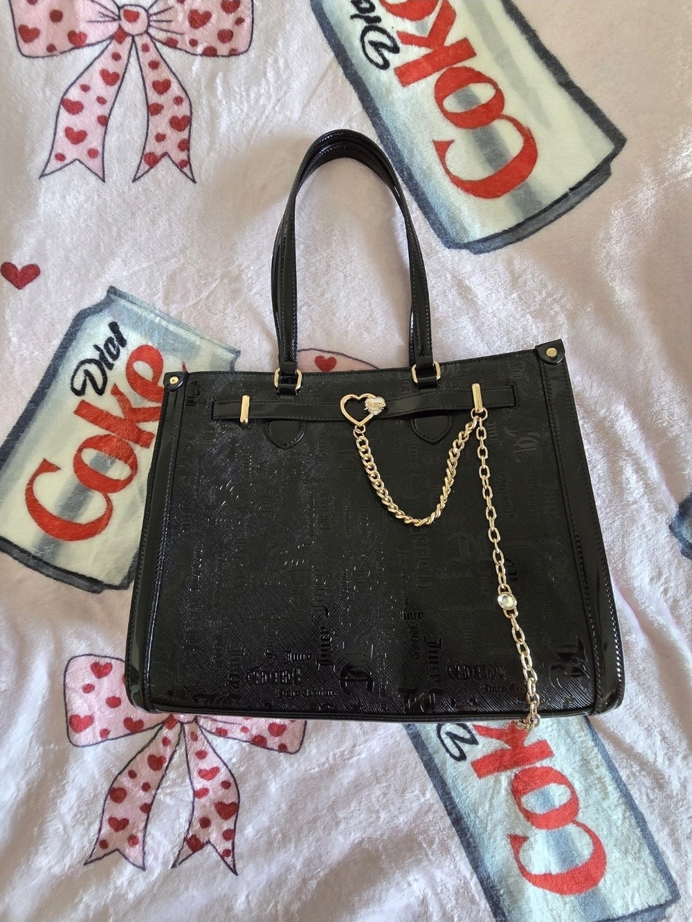 Juicy Couture Black Patent Shoulder Tote with Gold Chain Charm